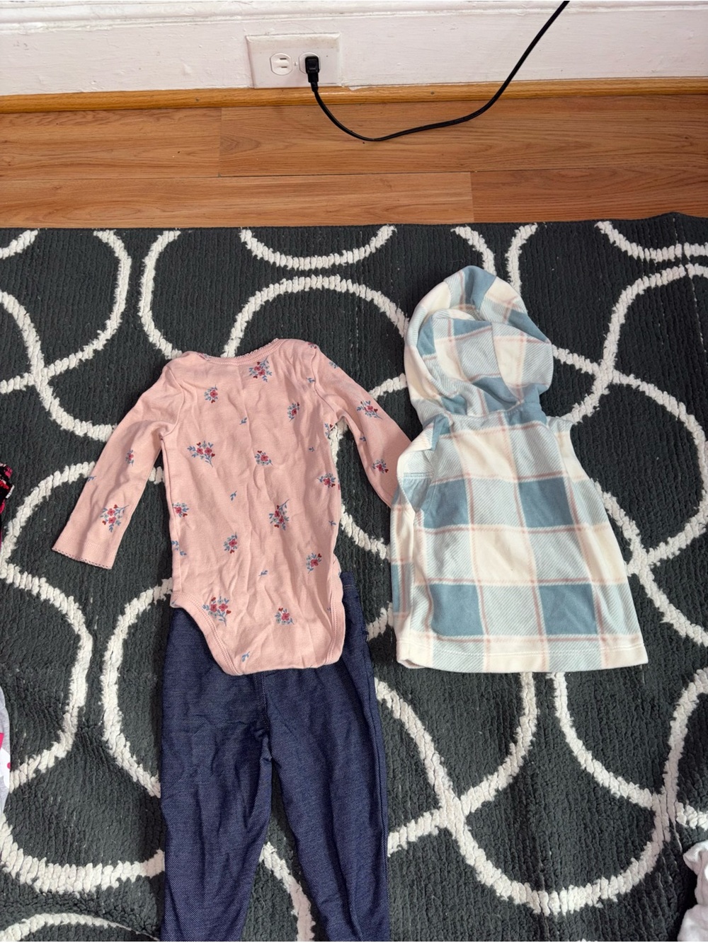 Girls 3-Piece Outfit Set - Pink Floral Bodysuit, Blue Plaid Dress, Navy Leggings - Picture 2 of 2